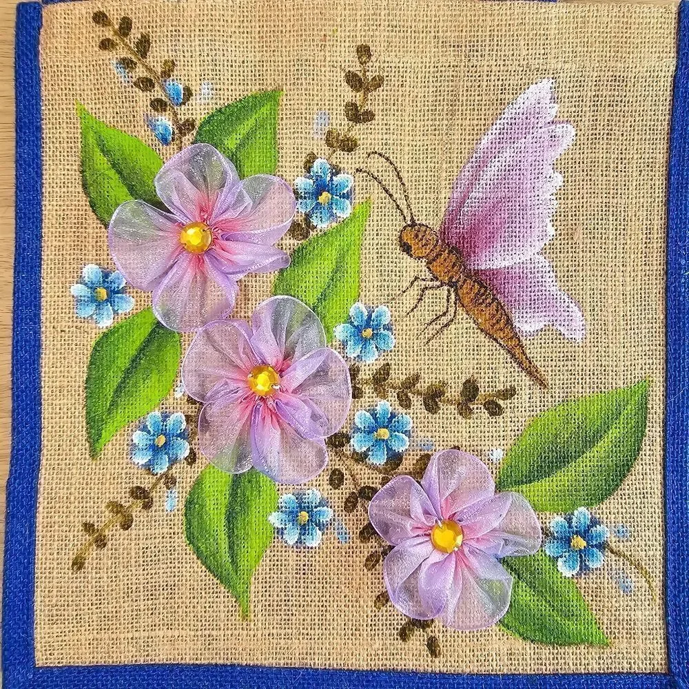 Hand-Made Tote Bag Jute Craft-Fabric Ribbon Flowers Hand Painted Butterfly Gift
